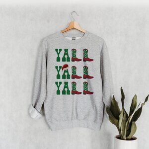 Christmas hat Yall Red and Green Cowboy Cowgirl Western Boots dark grey sweater